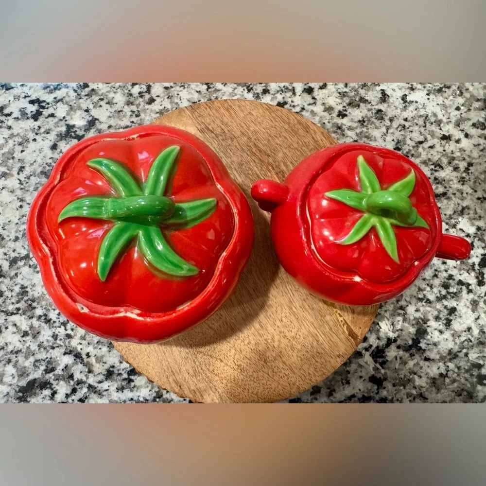Vintage Pantry Parade Tomato Lidded Ceramic Condiment Jar &‎ Sugar Bowl